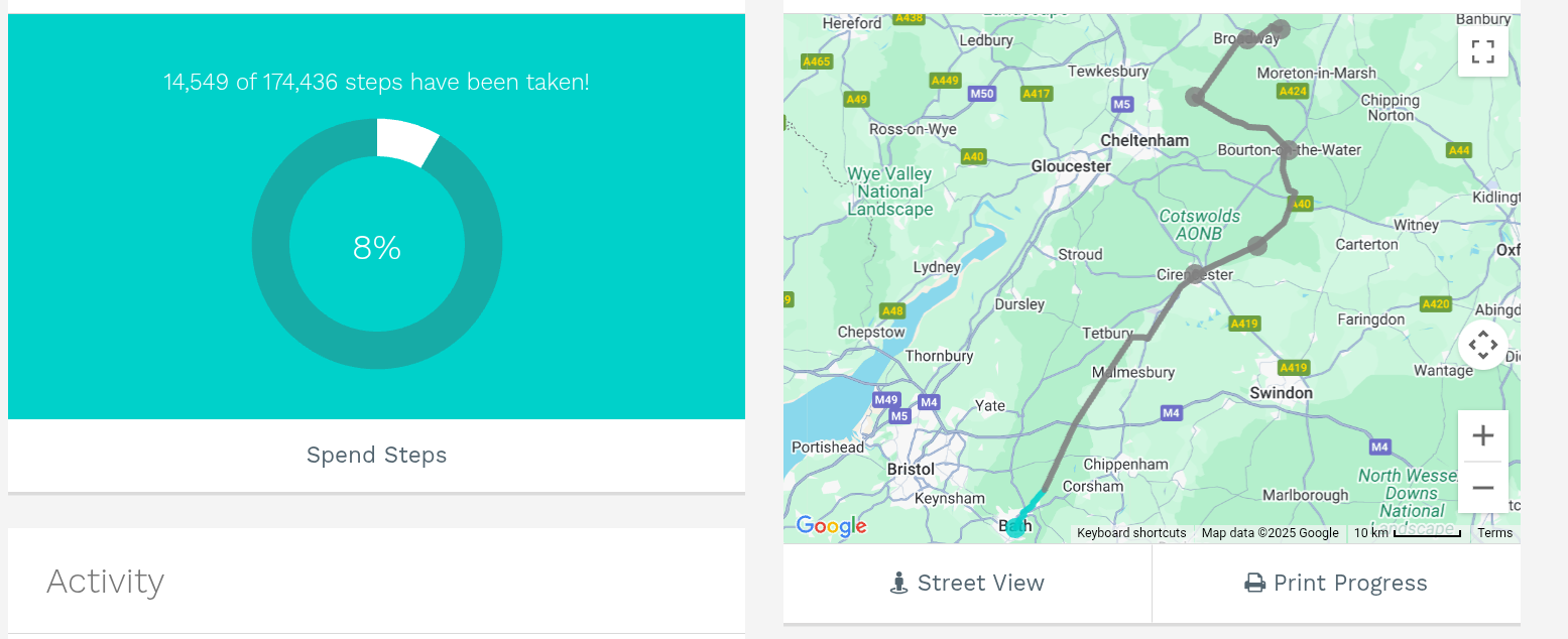 A screenshot of thw worldwalking webpage, showing 14k steps completed of 174k steps on the Cotswold walk, a map shows that we have barely left Bath