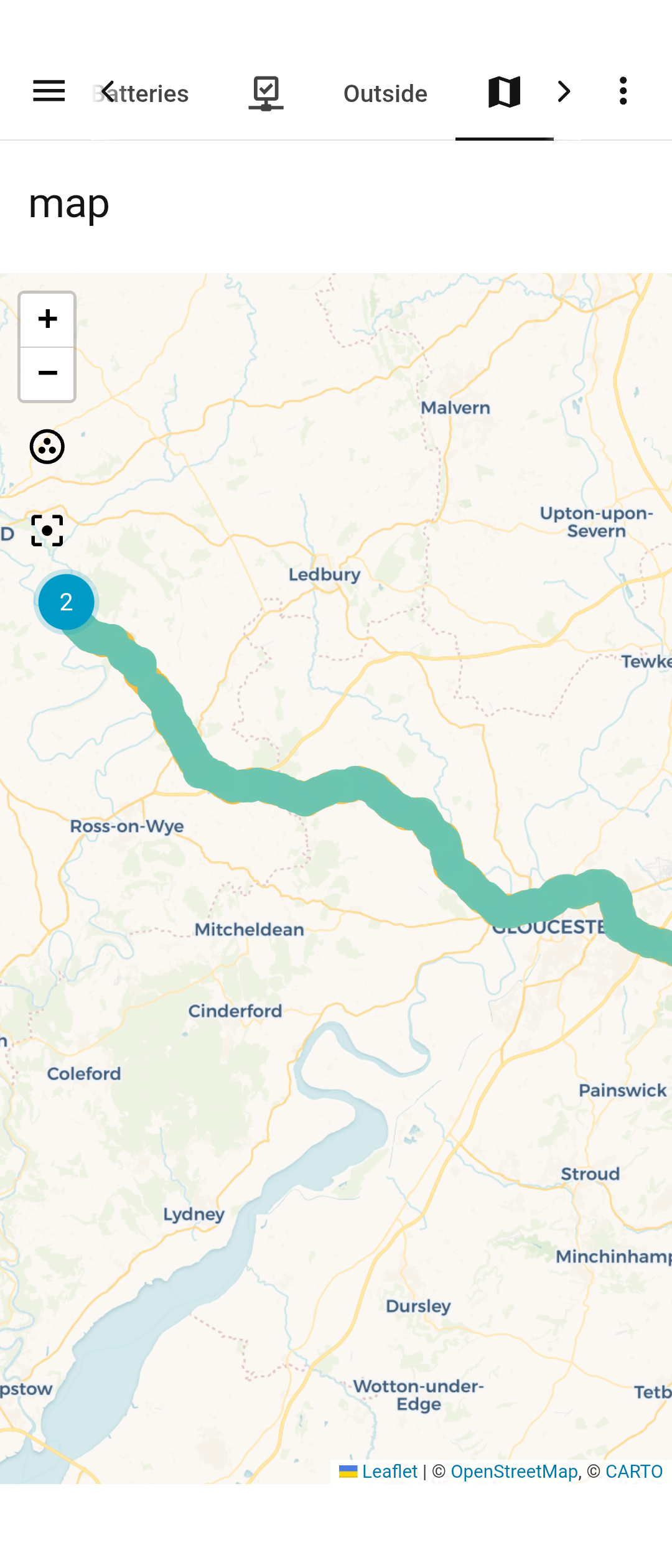 Map showing a track entering on the east side near Gloucester, travelling west between Ledbury and Ross-on-Wye&10;