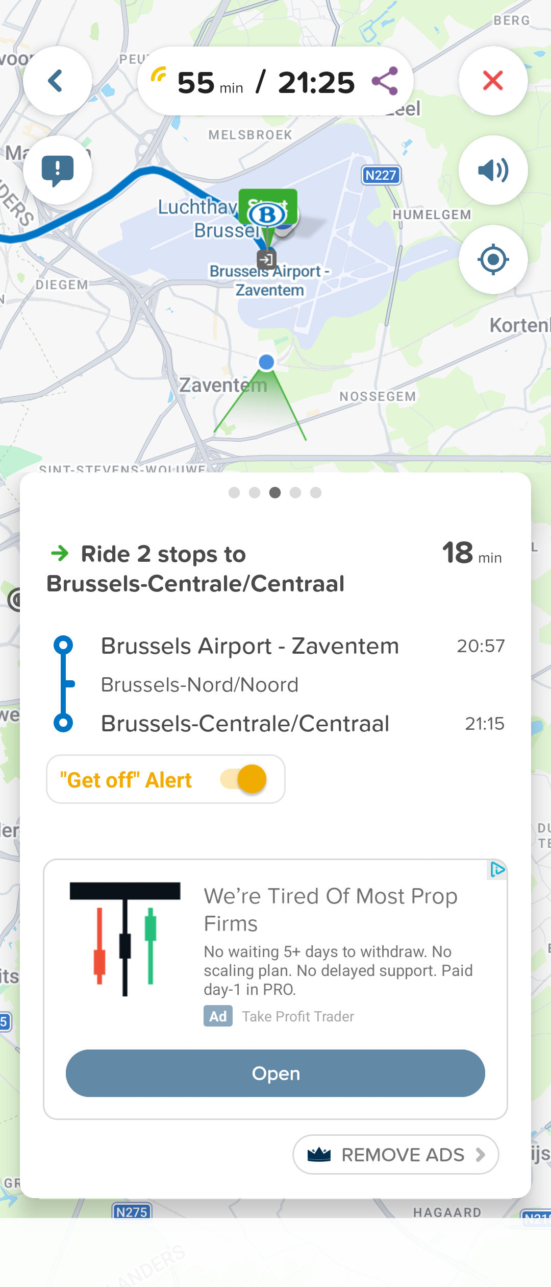 Citymapper display of a route from Brussels airport into the city. The user location is nowhere near the suggested route (though we were on a train going the correct direction!)&10;