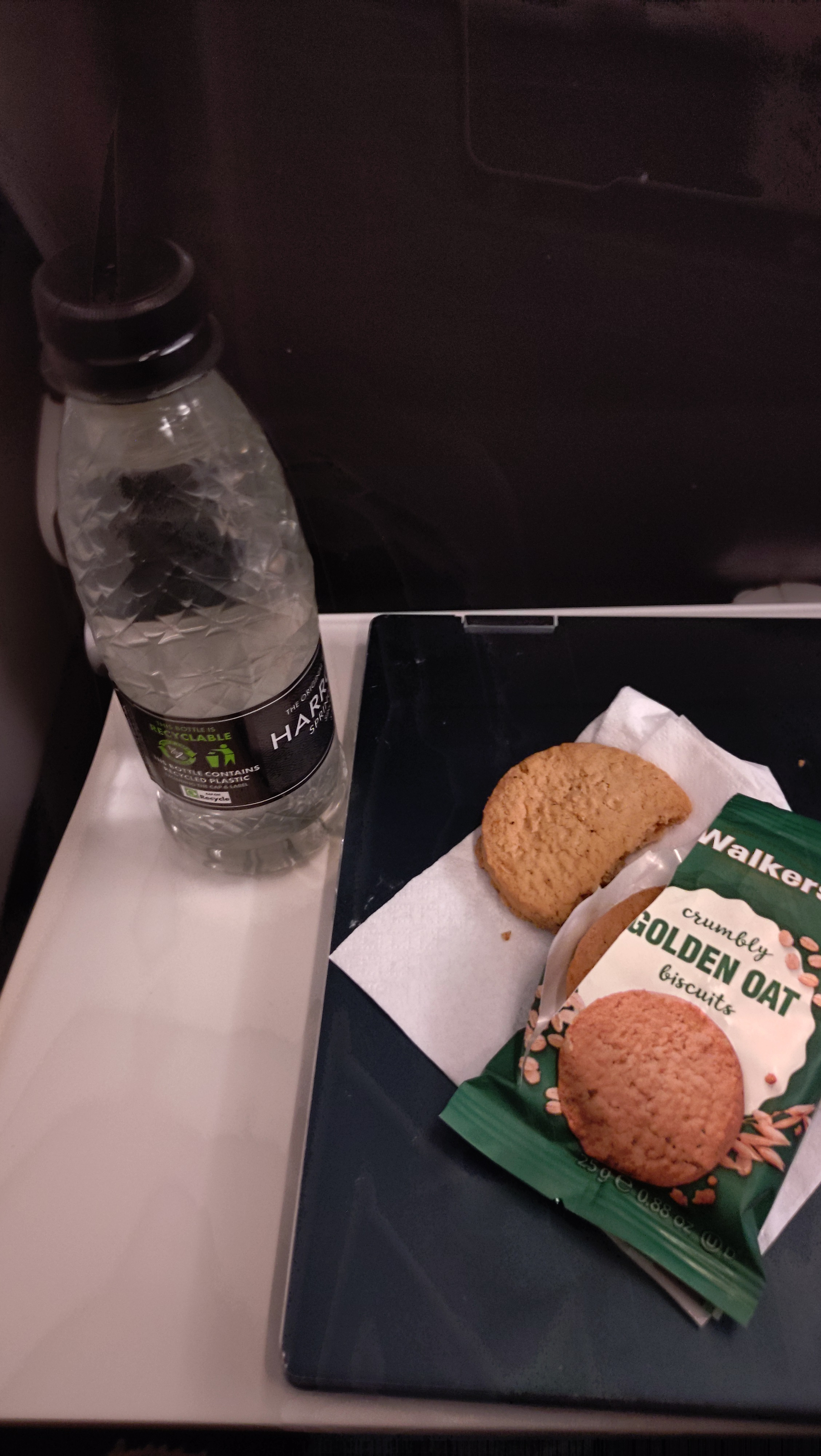 British Airways free|complimentary 1hr flight food: a bottle of water and two(!) golden oat biscuits &10;