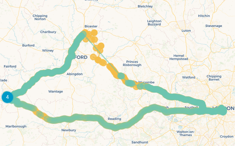 Home Assistant map screenshot of owntracks/home assistant location tracking roundtrip from Swindon to London (Ealing, then on the tube to Westminster), out via the M4, return via M40 as M4 was partially closed